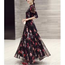 Spring Ladies Chiffon Printed Stand Collar Long Sweet Dress